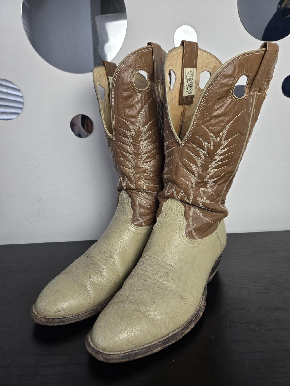 Vintage Nocona 69491 Two Tone Buckaroo Cowboy Boots Cream Leather Mens 11.5 D